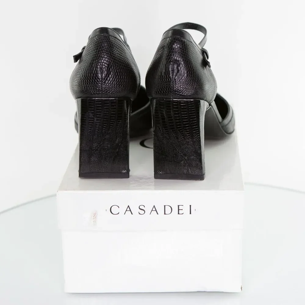 CASADEI $350 Black Lizard Heels Ankle Strap D'Orsay Women's Size 8.5 AA Narrow